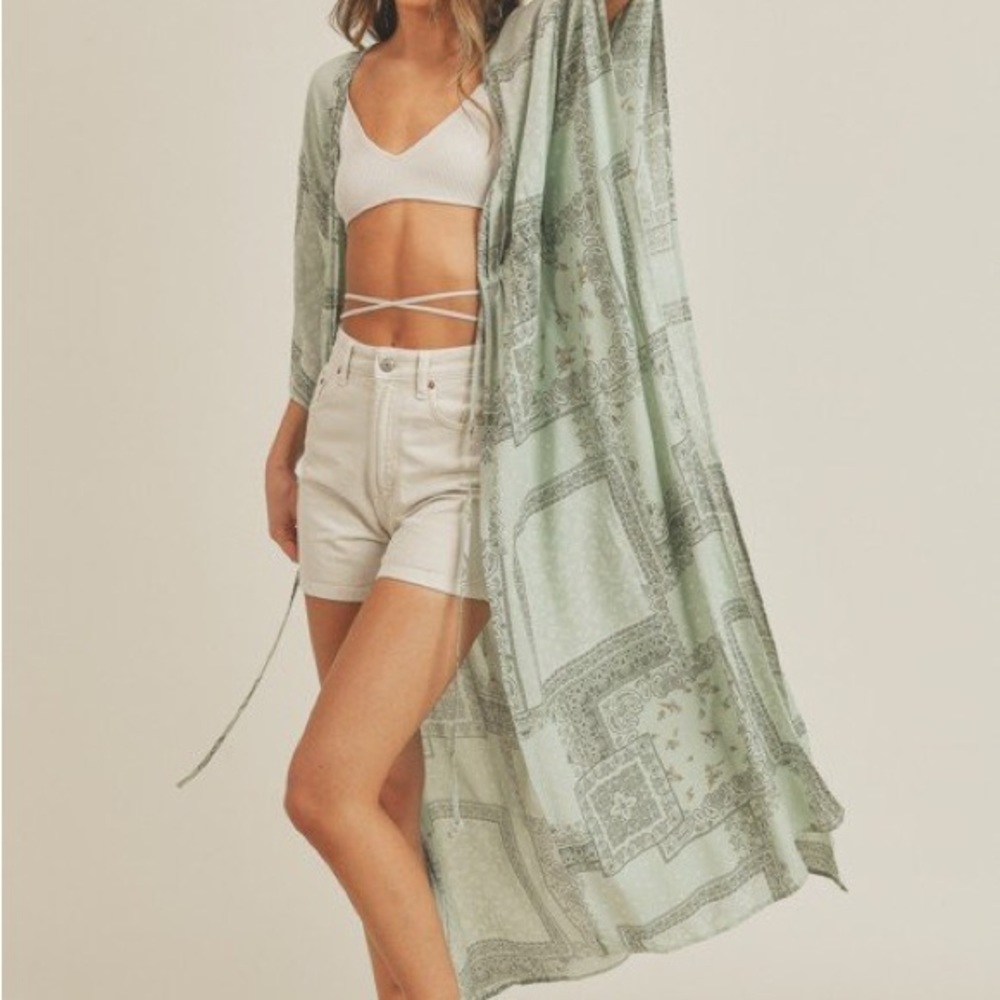 Green Scarf Print Kimono with Tie